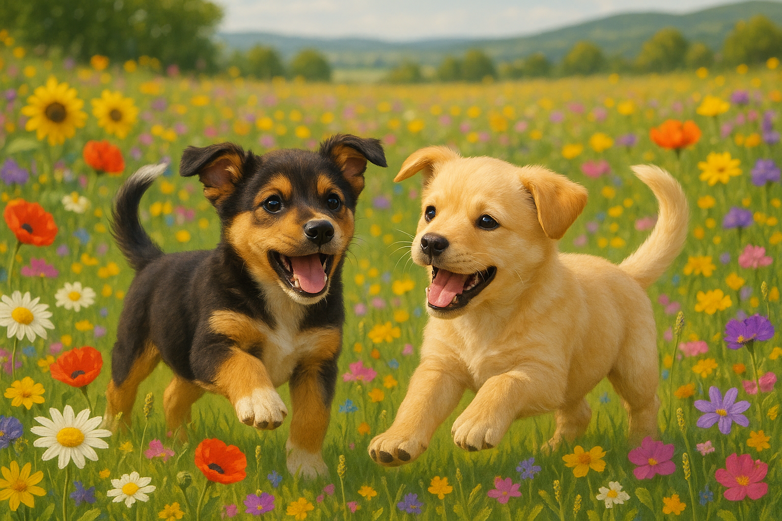dos cachorros felices y de fondo un campo con flore